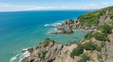Aerial: Rocky coastline and ocean in, Whakatāne, Bay of Plenty, New Zealand.
