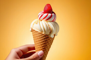 Hand holds ice cream in waffle cone on light brown background