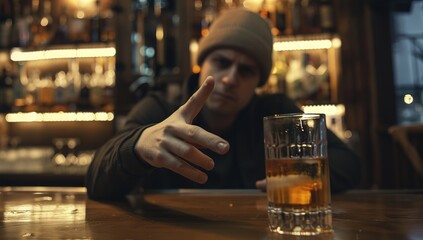 Man Refusing a Glass of Whiskey on a Rustic Wooden Table - obrazy, fototapety, plakaty