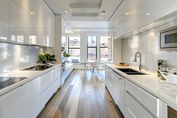 Modern kitchen, white kitchen, white furniture.