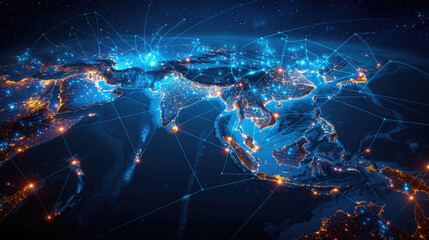 Obraz premium Digital map of South East Asia, concept of global network and connectivity, data transfer and cyber technology, business exchange, information and telecommunication