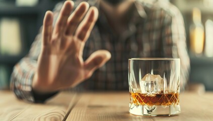 Man Refusing a Glass of Whiskey on a Rustic Wooden Table - obrazy, fototapety, plakaty