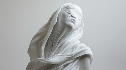 A white sculpture of an abstract woman with her head covered in fabric, draped and flowing around the body like liquid, against a stark background