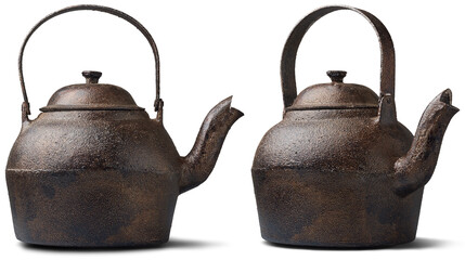 set of cast iron kettles with rough surface, classic vessel used for boiling water and brewing tea,...