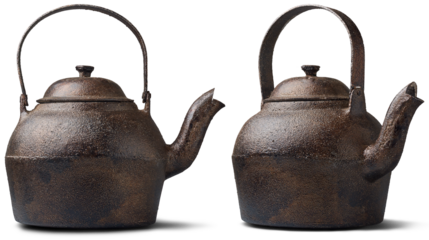 set of cast iron kettles with rough surface, classic vessel used for boiling water and brewing tea, durable with heat retention properties taken in different angles and isolated on white background