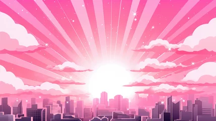 Foto op Plexiglas Downtown cityscape with heart shape pink sun ray sun burst comic halftone retro design. Summer design. Valentine love and romance concept © ribelco