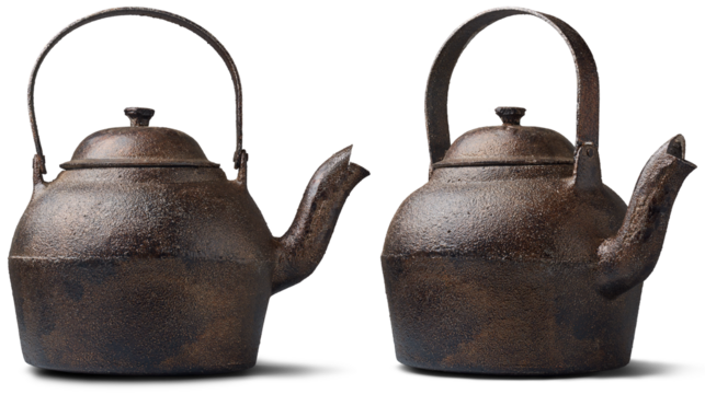set of cast iron kettles with rough surface, classic vessel used for boiling water and brewing tea, durable with heat retention properties taken in different angles and isolated on white background