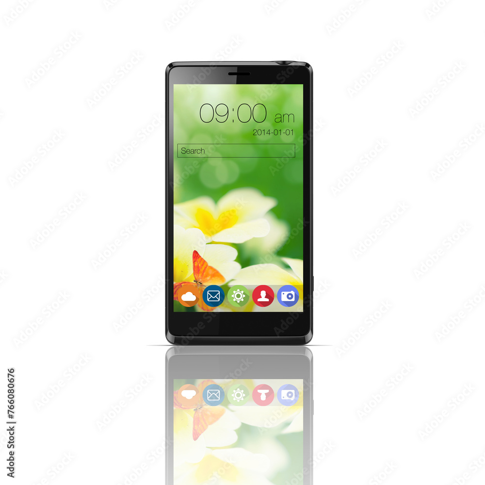 Poster smartphone, screen and mobile ui with icons isolated on a transparent png background. phone, display