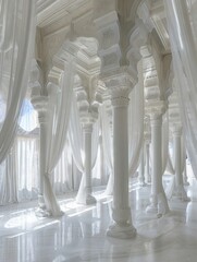 Real photos of the palace of the goddess of love, presenting a white environment overall, with ethereal curtains and pillars, and a spacious and spacious interior