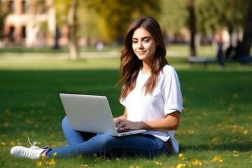 Portrait of beautiful young brunette woman using personal laptop computer while sitting on the green grass in the park. Girl typing, studying, video chatting