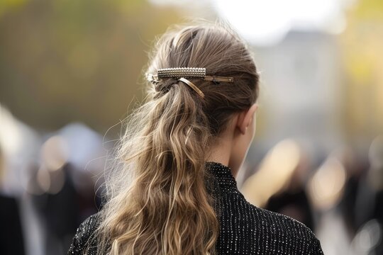 Minimalist long ponytail with metal barreled hair clip.