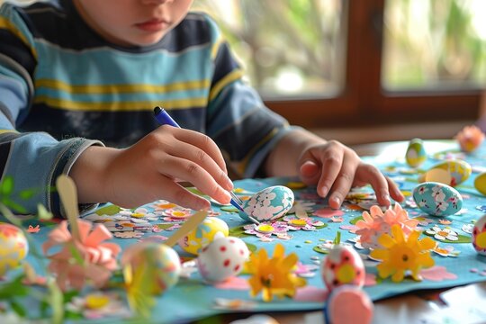 Focused children painting Easter eggs at home