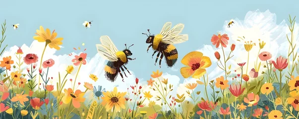 Fotobehang Busy bees pollinating flowers in an urban rooftop garden with vibrant colors and serene natural scenery © Thares2020