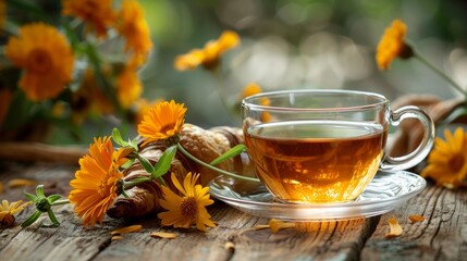 Fresh tea served with a croissant and calendula flowers on a wooden background. - obrazy, fototapety, plakaty