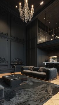 luxury living room minimalist modern high ceiling with dark wall black simple
