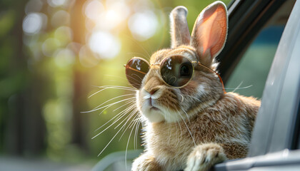A cute Easter bunny wearing sunglasses looking out of a car, adding a touch of humor and festive cheer to the celebration. - obrazy, fototapety, plakaty