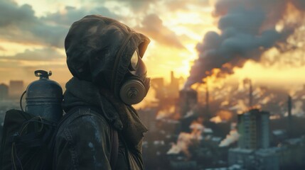 A character in a polluted urban landscape urging viewers to consider the consequences of air pollution on health and well-being.