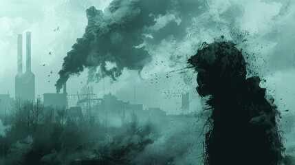 A character struggling to breathe in a polluted environment emphasizing the need for cleaner air. - obrazy, fototapety, plakaty