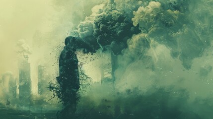A character struggling to breathe in a polluted environment emphasizing the need for cleaner air. - obrazy, fototapety, plakaty