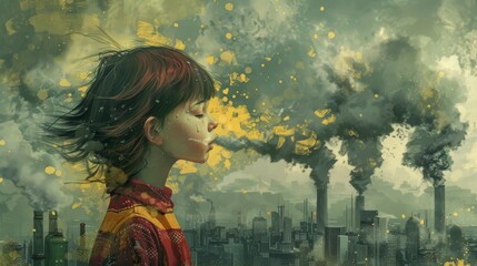 A character struggling to breathe in a polluted environment emphasizing the need for cleaner air.