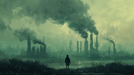 A character struggling in the midst of a severe air pollution crisis emphasizing the need for environmental action. - obrazy, fototapety, plakaty