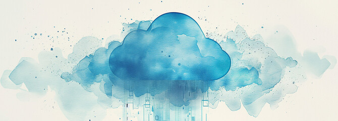 A cloud symbol acts as a portal to a collection of virtualized servers, adorned with bright blue hues and digital components. Watercolor concept.