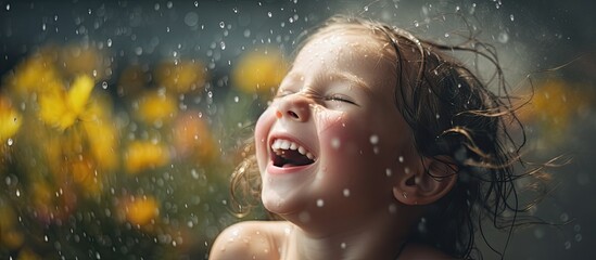 A happy toddler is giggling under the rain, with water dripping from her nose and a big smile on her face. She plays with gestures and enjoys the fun event in nature, surrounded by grass and people - obrazy, fototapety, plakaty