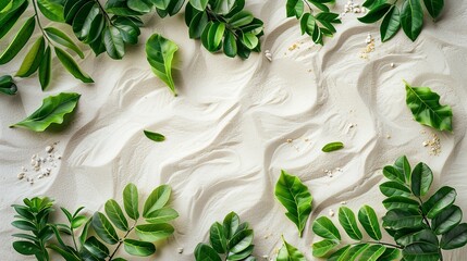 Green foliages encompassing the white sand aerial view with a wave pattern alleviate scenery and space, Generative AI.