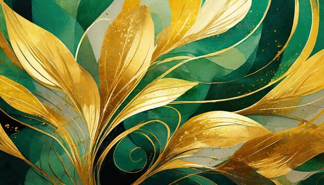 pattern with leaves.a dynamic abstract background showcasing a vibrant gold and green floral pattern, with bold brushstrokes and geometric elements adding depth and texture, ideal for contemporary art
