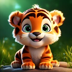 Obraz na płótnie Canvas A cute smiling 3D cartoon tiger cub with sparkling eyes
