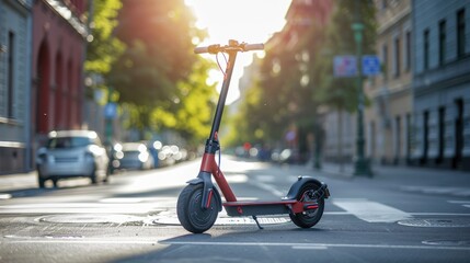 Stylish electric scooter on the background of a city street. - obrazy, fototapety, plakaty