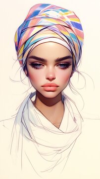 closeup woman turban head soft makeup androgenic doll face light blush female different faces girl love thin pink lips humanized