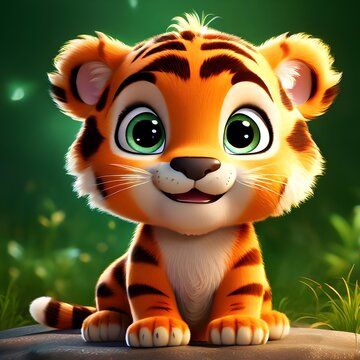 A cute smiling 3D cartoon tiger cub with sparkling eyes