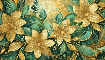 abstract floral background.a whimsical abstract background featuring playful gold and green floral elements arranged in a lively pattern, adding a touch of charm and cheerfulness to greeting cards, ch