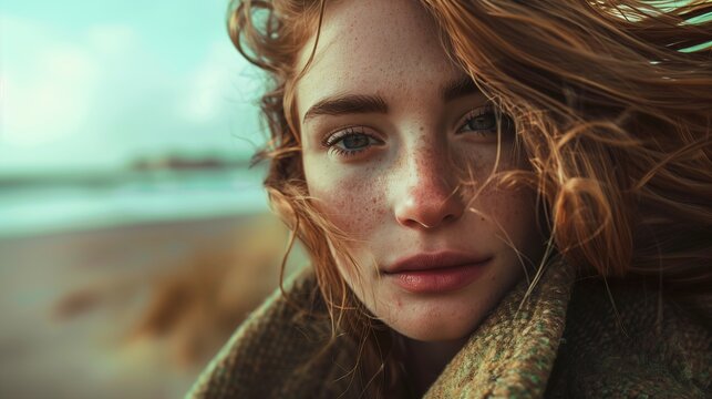 woman freckles face scarf long ginger hair windy finely perfect insanely malik overlooking beach distant expression