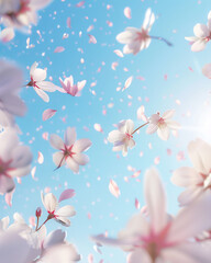 Delicate pink and white sakura petals flutter down in the soft morning sunlight, with a gentle blue sky peeking through the branches.