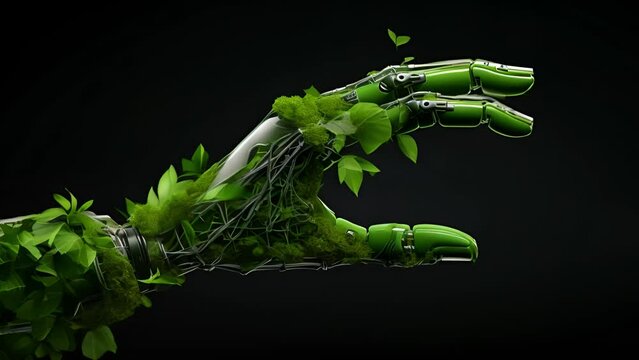 Green technology conceptual design, human arm covered with grass and lush and robotic hand, 3d render	