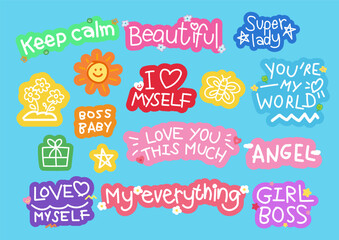Badge designs for font, typography, cute patches, plush toy, sign, symbol, print, social media post, banner, template, sticker, tattoo, logo, happy icon, decorations, text, quote, women empowerment