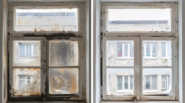 In regard image of a clean window with black mold and humidity from the interior of the house and space, Generative AI.