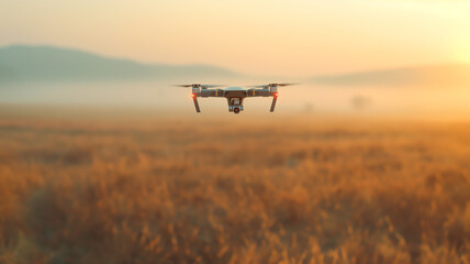 Fototapeta na wymiar Drone flying over field on a sunny day. Represent modern agricultural innovations and modern farming that uses technology for The future of food.