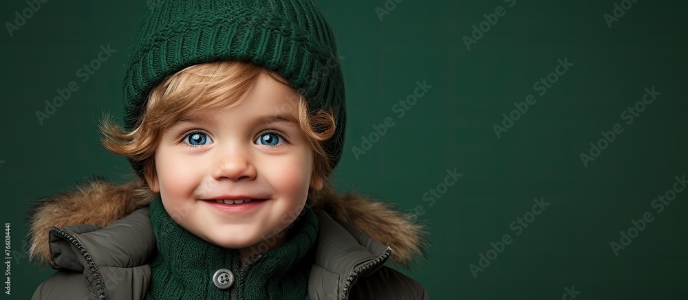 Canvas Prints A happy toddler with a green hat and scarf is smiling, showing his teeth and squinting his eyes. His nose is a little red from the cold