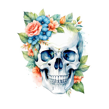 Human skull with flowers and leaves, botanical illustration, watercolor painting, skull bone, gothic, study, project, for scrapbook, crafts, presentation, cutout on white background