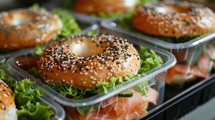 In-depth of a salmon bagel sandwich in a plastic box for takeout that has lettuce and seeds on the final surface and space, Generative AI.
