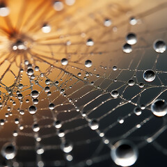 A macro shot of raindrops on a spiderweb in the early morning