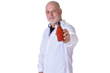 portrait of charming man holding glass of white pepper with gray beard smiling
