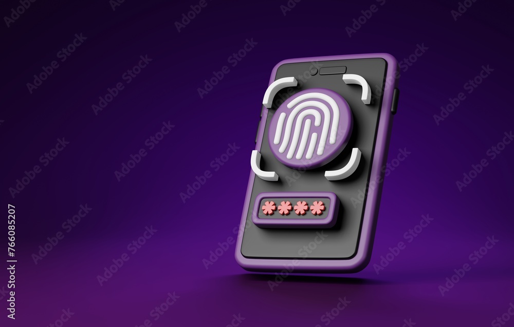 Poster futuristic mobile fingerprint password security. 3d render.