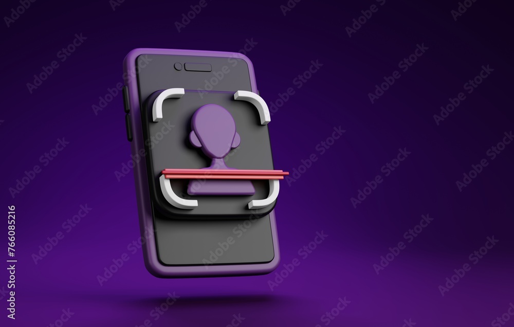 Poster cutting-edge cyber security with mobile 3d icon. face scan & data protection 3d render.