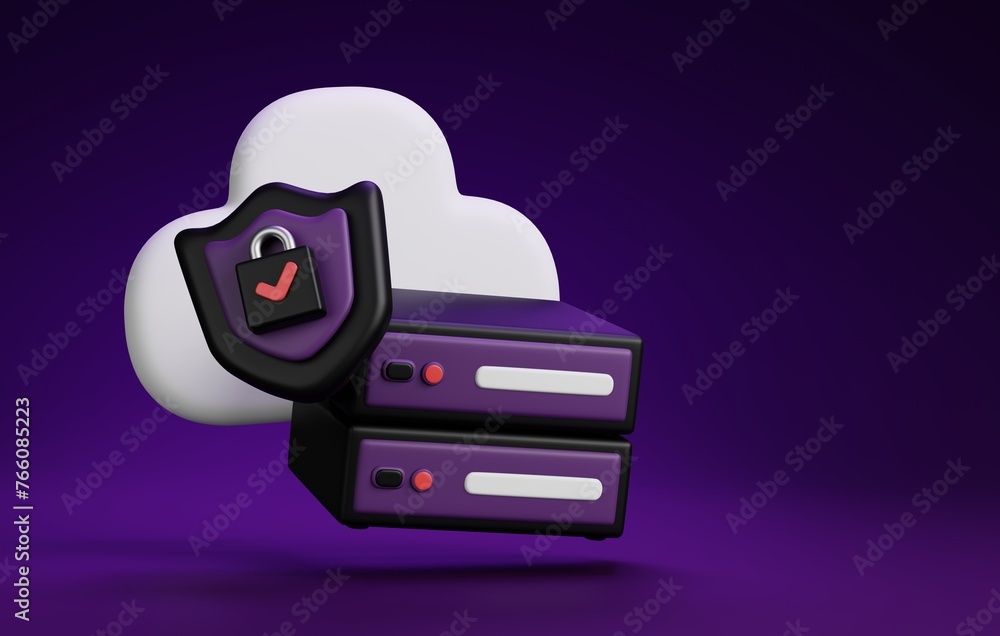 Poster futuristic server protection with cloud 3d icon, digital security 3d render.