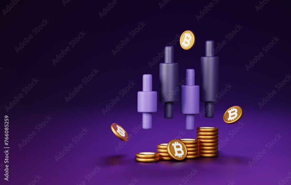 Poster cryptocurrency bitcoin coin with candlestick chart 3d render