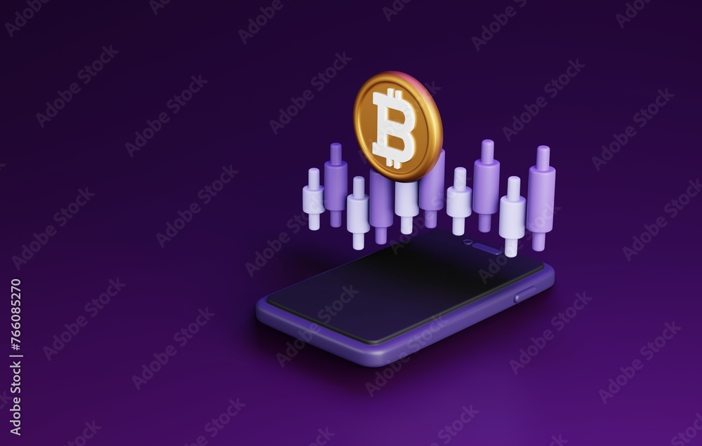 Poster cryptocurrency bitcoin coin with candlestick chart 3d render